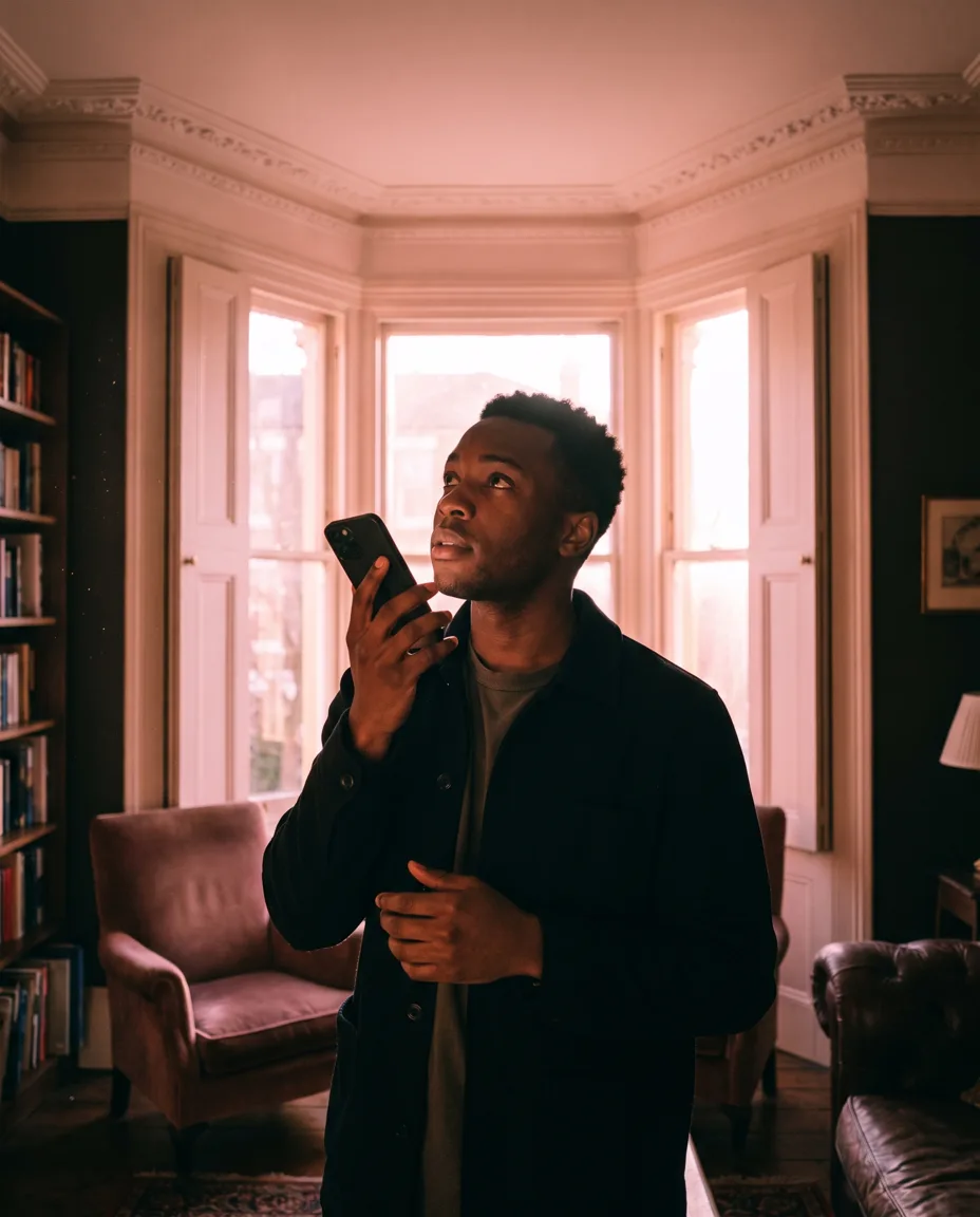 A surveyor holds his phone close to his mouth mid-dictation while looking up at a ceiling corner in a pink-lit period living room