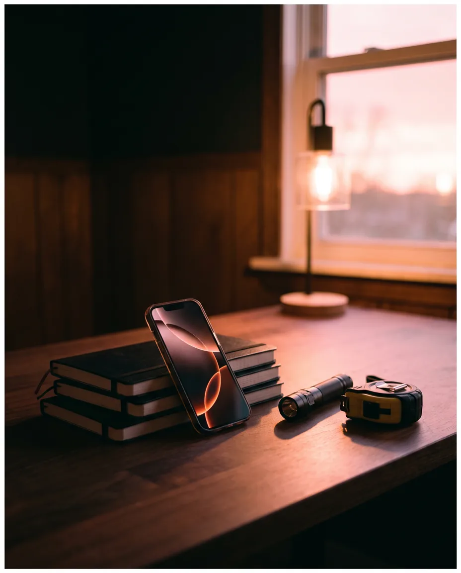 A modern phone, LED torch and steel tape measure on a dark walnut desk in warm rose lamplight, pink dusk through the window behind