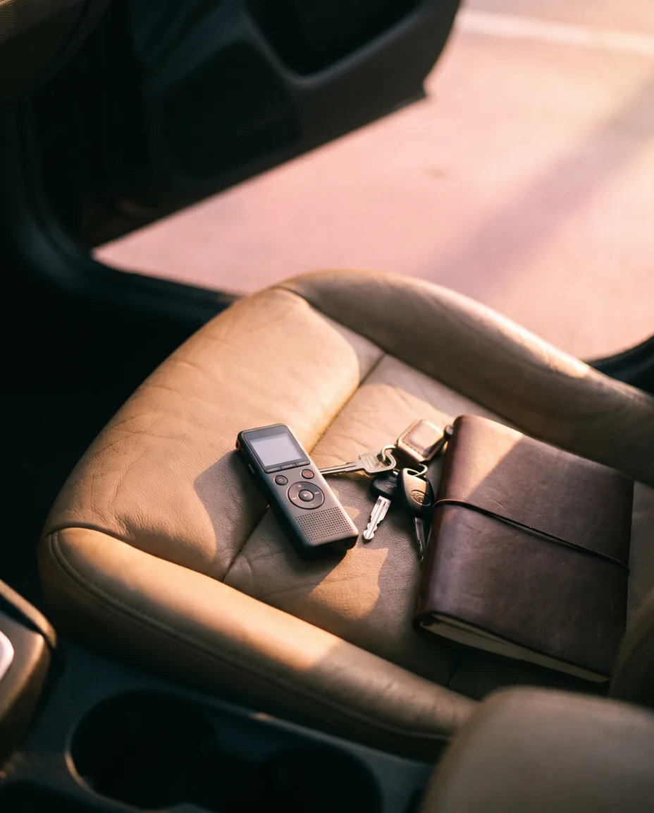 A modern digital voice recorder on a leather car passenger seat beside keys and a notebook, in low pink dusk light