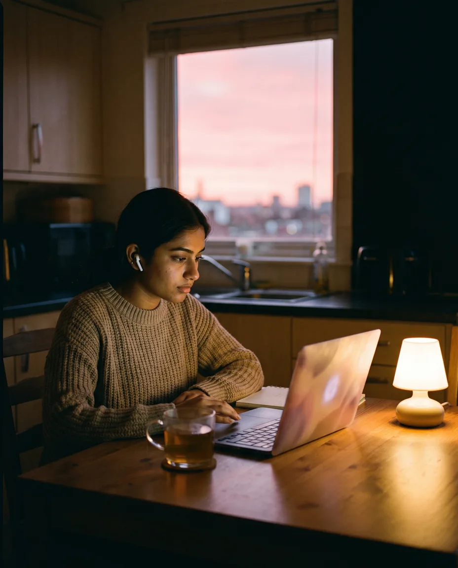 A surveyor reviews a transcript on her laptop at a kitchen table at dusk, one earbud in, tea beside her, pink sky through the window