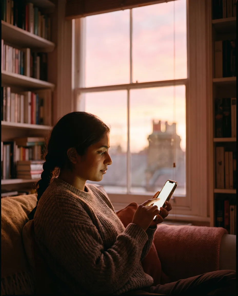 A young woman on her sofa signs on her phone with a fingertip, pink dawn light through the sash window behind her