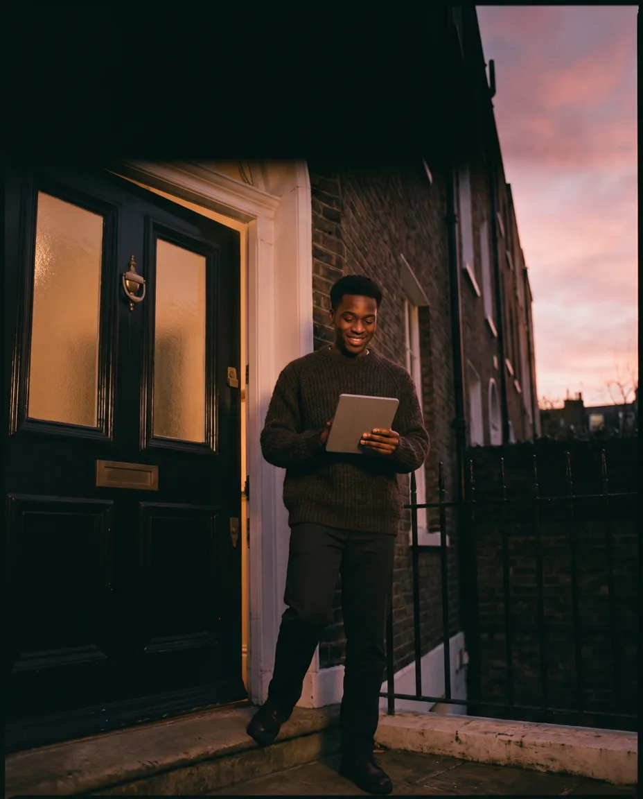 A surveyor arrives at a period London front door at dusk, tablet in hand, warm light spilling from the open door