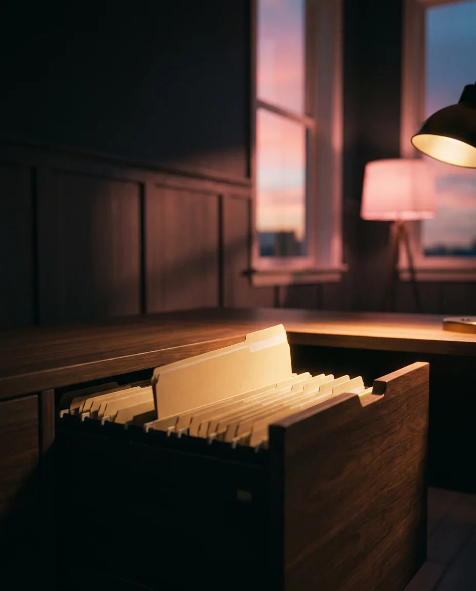An open filing drawer of neat manilla folders in a pool of warm lamplight, a pink sunset through the office window