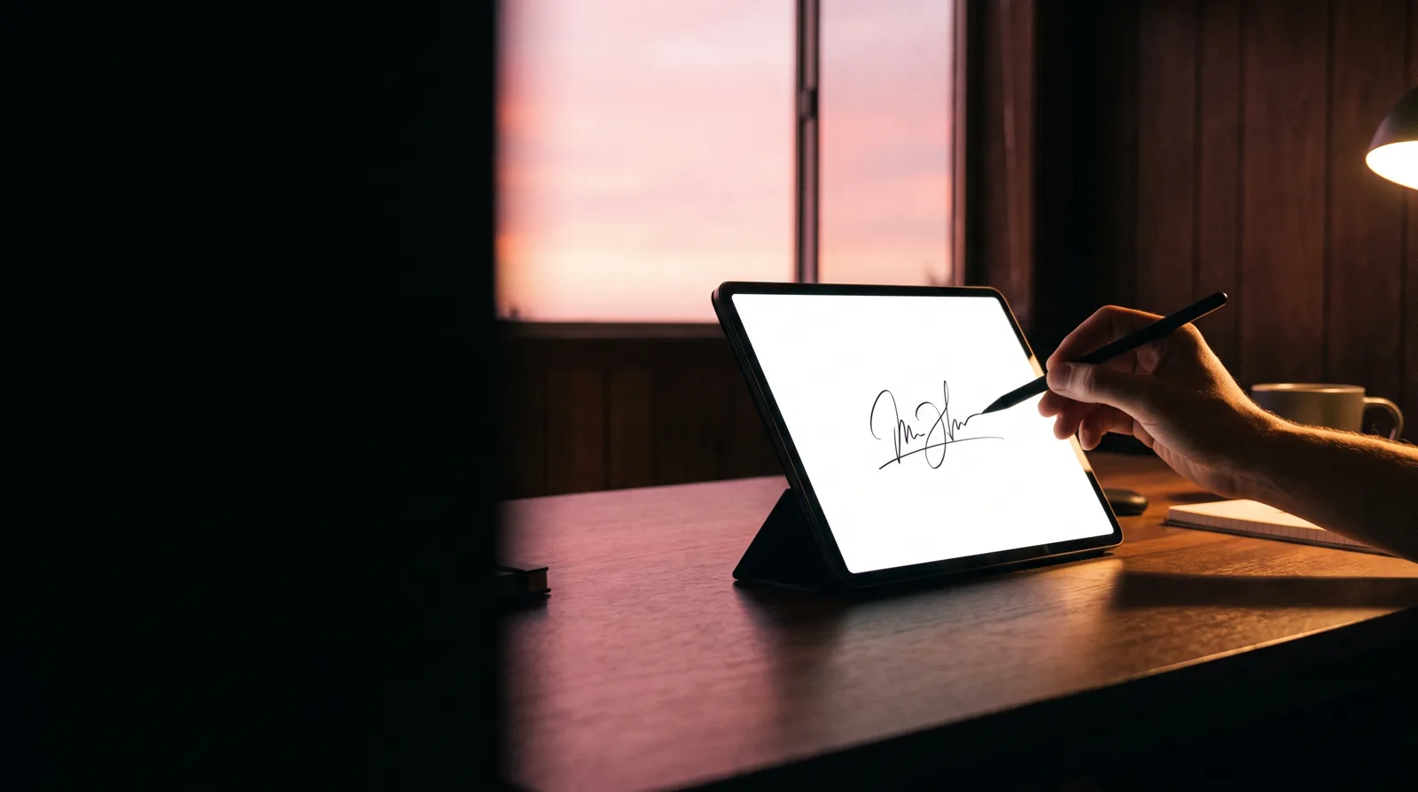 A hand draws a signature with a stylus on a glowing tablet, on a dark walnut desk with a pink sunset sky through the window behind