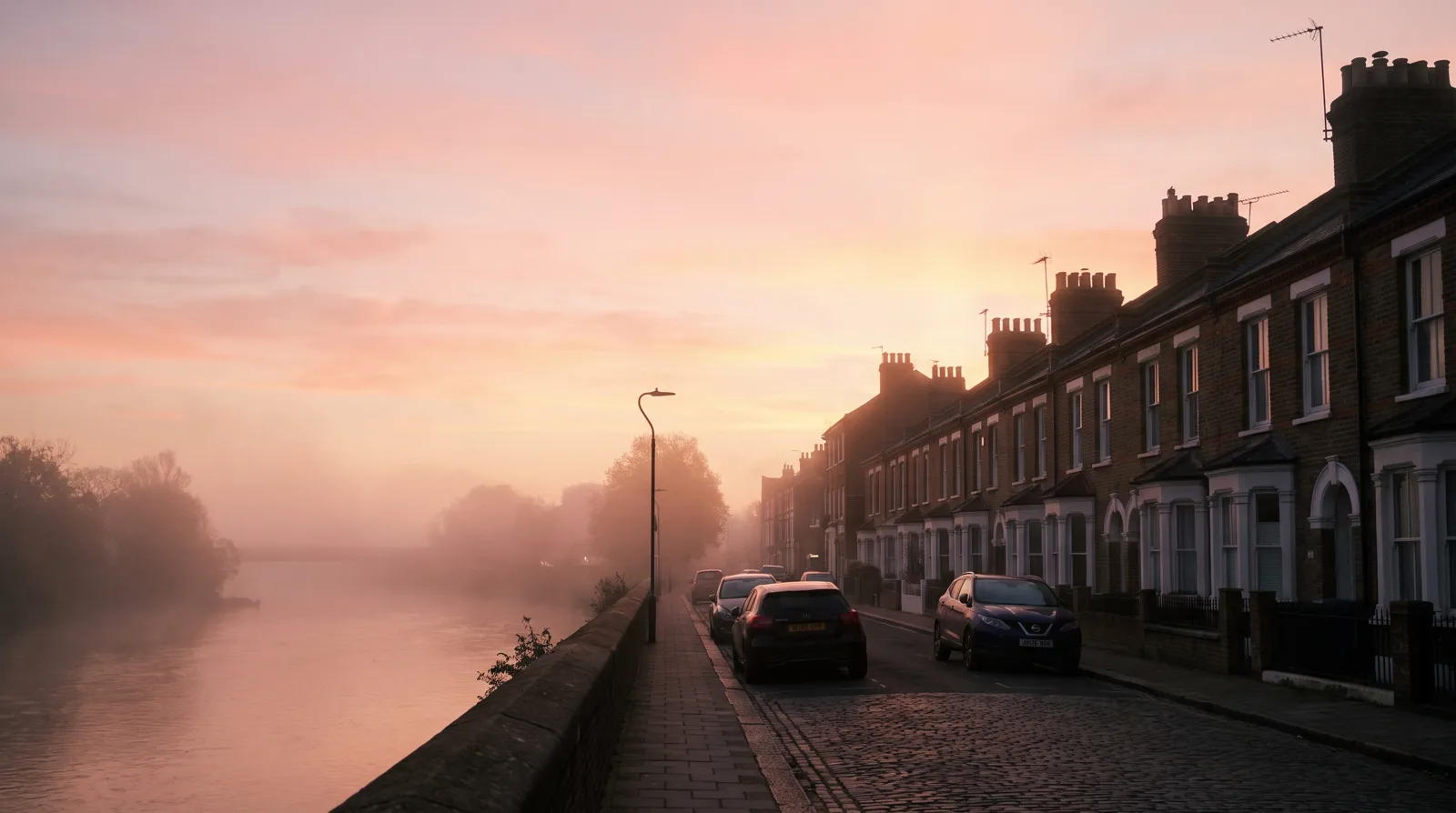A quiet riverside terrace street at misty sunrise, low mist rising off the water in soft pink light