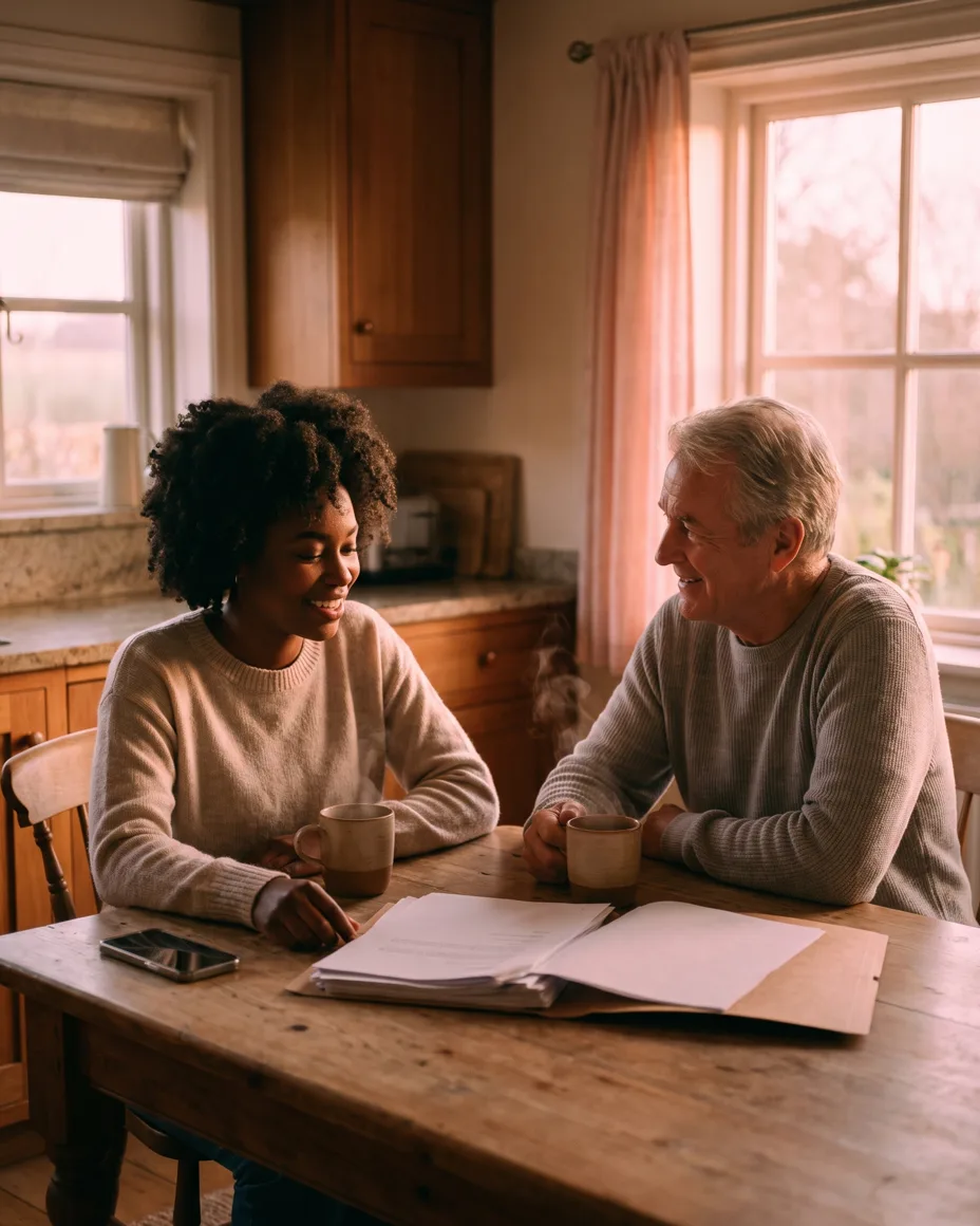 A surveyor and homeowner reviewing a printed report together at a kitchen table in soft pink morning light, tea steaming