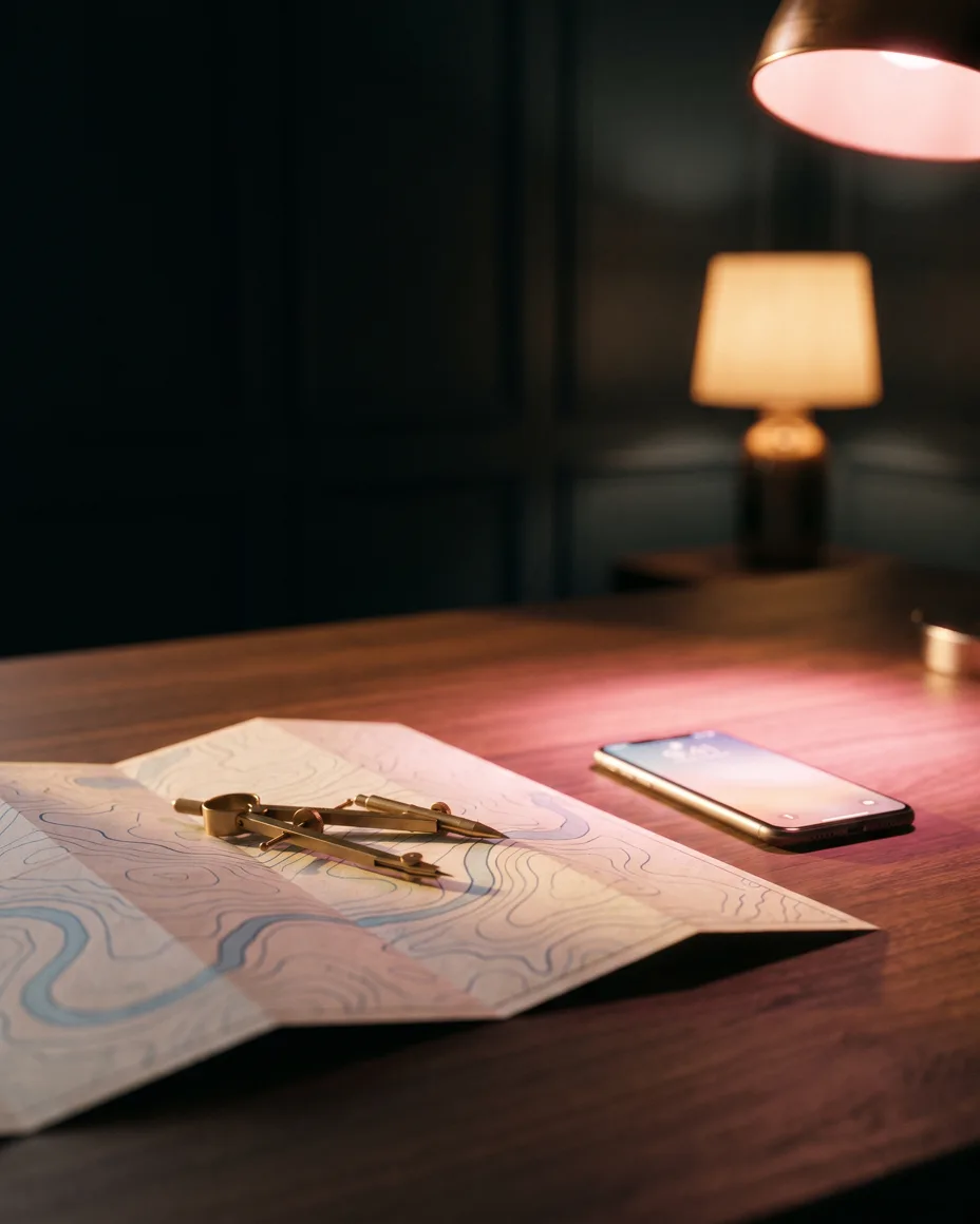 A folded contour map, a brass drawing compass and a softly glowing phone on a dark walnut desk in warm lamplight