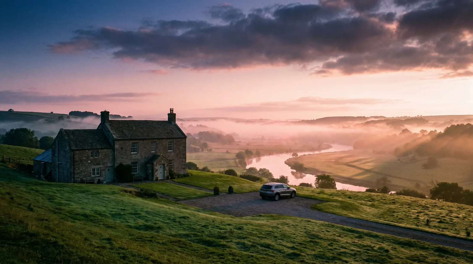 A stone house on a gentle hill above a winding river at misty sunrise, mist lying in the valley below