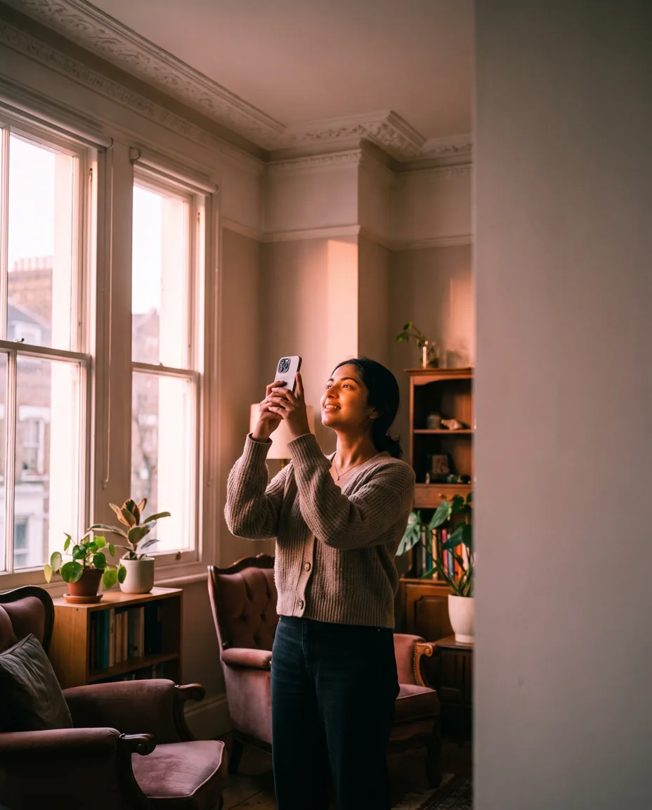 A surveyor in a sunlit period living room holds her phone up with both hands to photograph the ceiling cornice