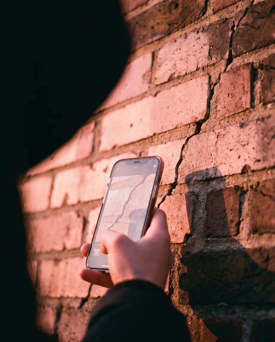 A close-up of a hand holding a phone photographing a hairline crack running through weathered brickwork in raking sunset light