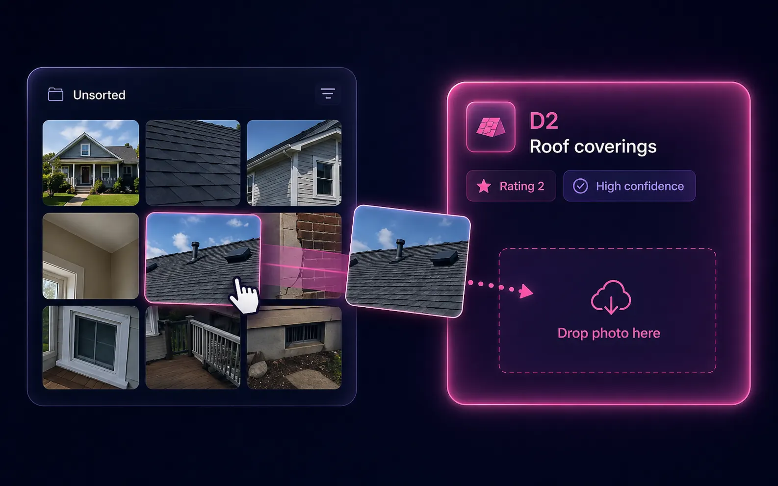 Surveyor dragging a roof photo from the Unsorted gallery into the D2 Roof coverings drop zone — Rating 2, high-confidence target card highlighted in pink
