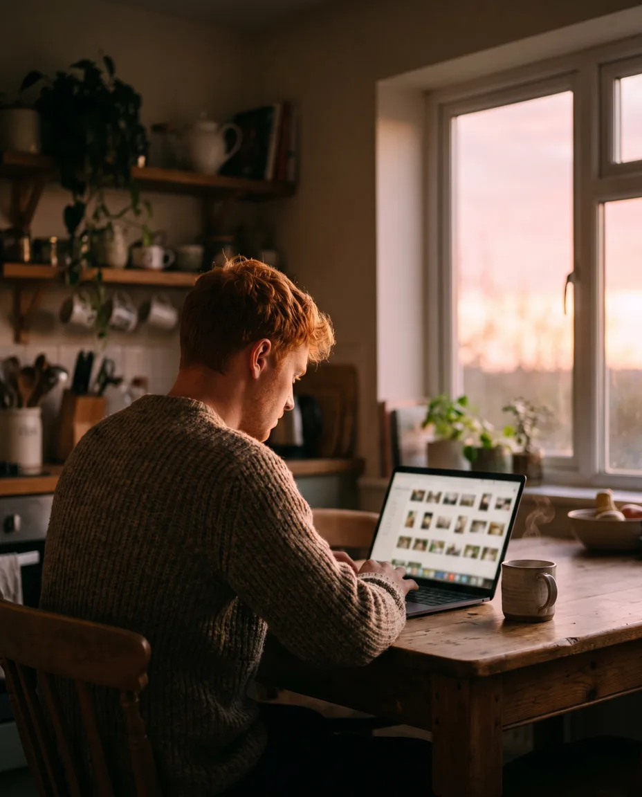 A surveyor at a kitchen table at dusk reviews a laptop screen showing a grid of photo thumbnails, tea steaming beside it