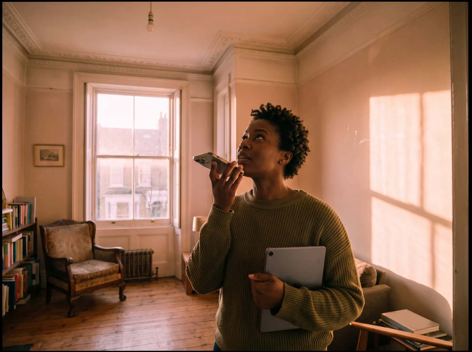 A chartered surveyor dictates into her phone while studying a ceiling corner in a period London living room at dawn, tablet under her arm