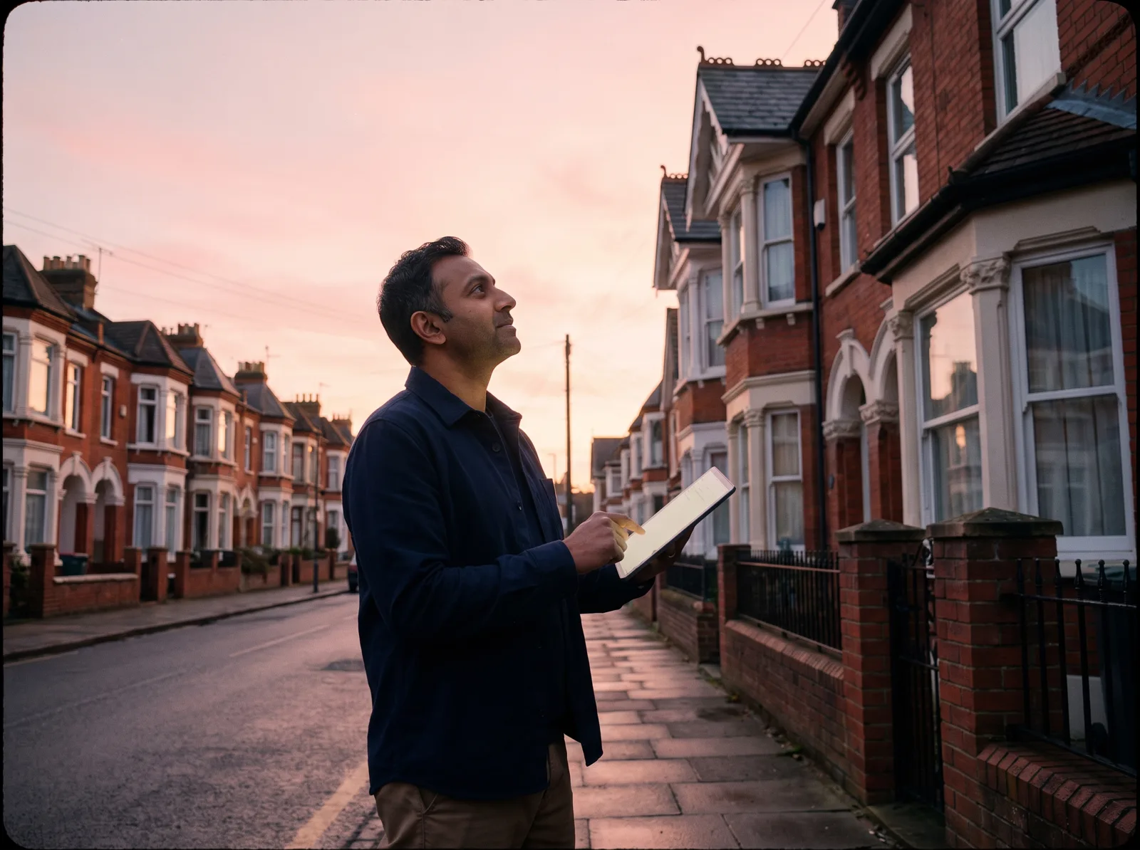 A chartered surveyor on the pavement outside a red-brick Victorian terrace at sunrise, glancing up from his tablet to study the roofline before the inspection