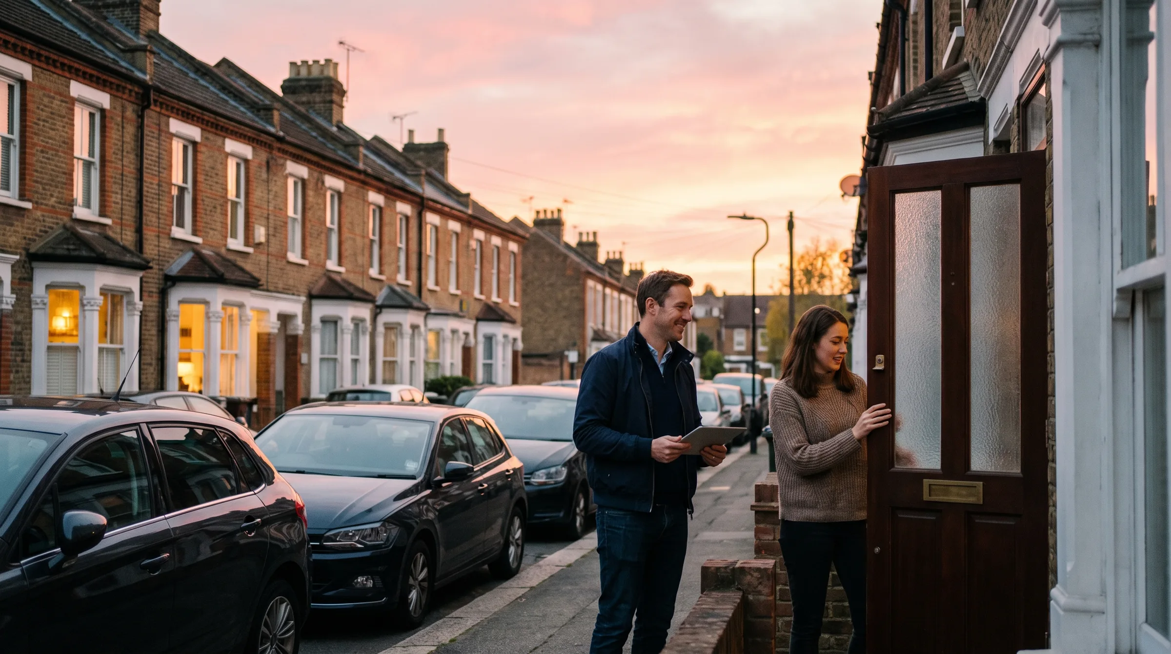 A surveyor with a tablet is welcomed at the front door of a Victorian terraced house at pink dusk, lamplight glowing in the bay windows along the street