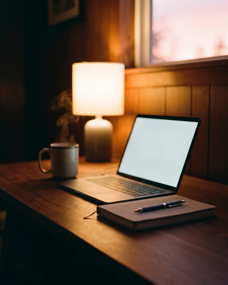 An open laptop glowing softly on a walnut desk beside a notebook and steaming tea, first pink light of dawn on the wall