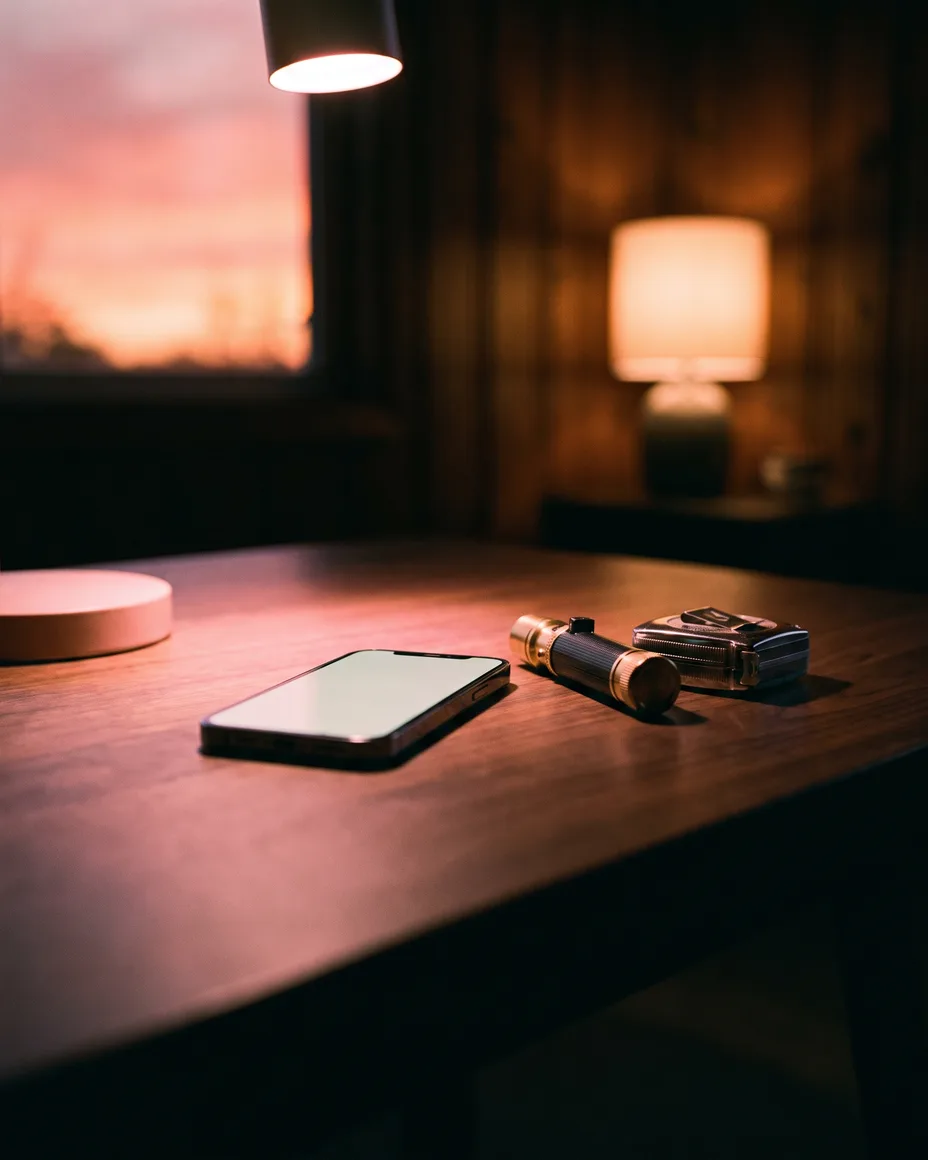 A phone glowing face-up on a dark walnut surface beside a surveyor's torch and tape measure in warm pink lamplight