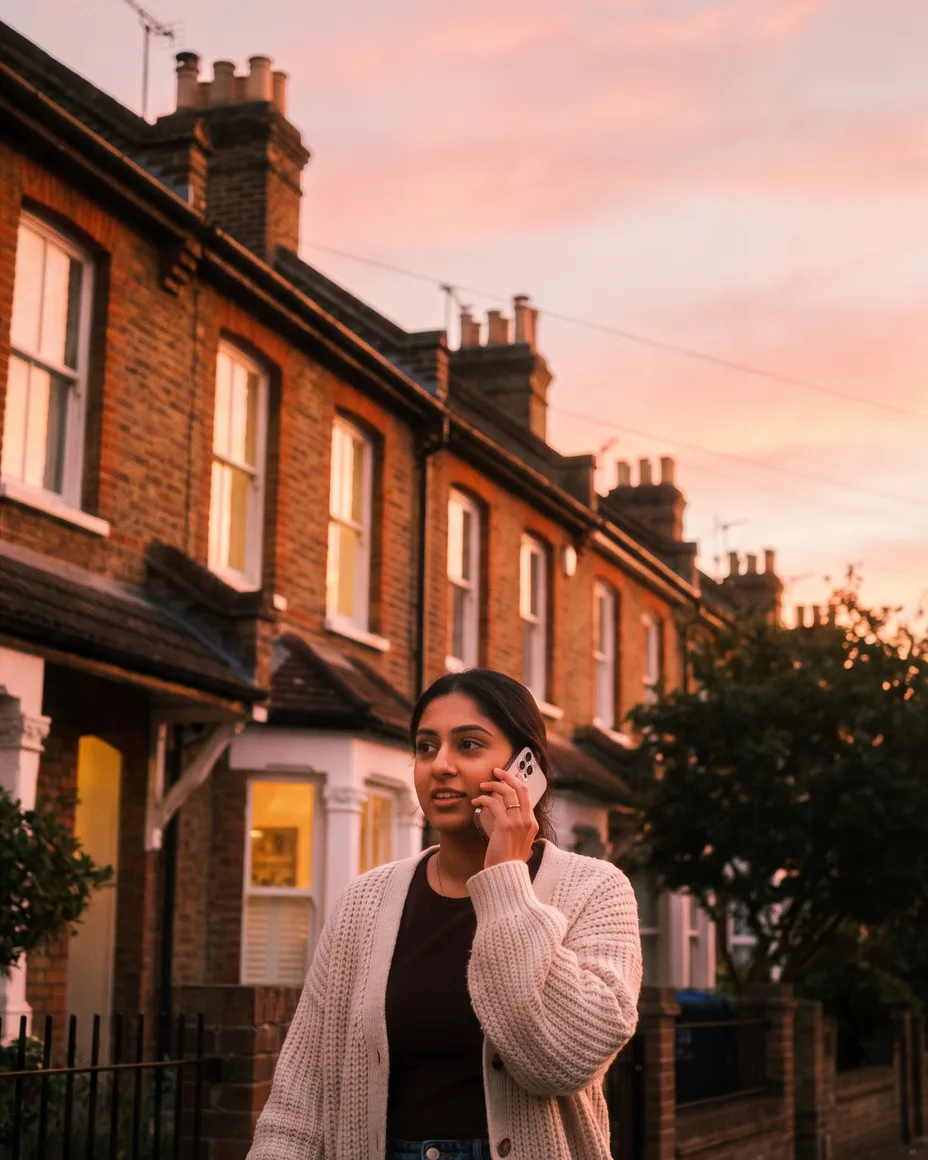 A surveyor walks along a Victorian terraced street at dusk, speaking a voice note into her phone under a pink sky