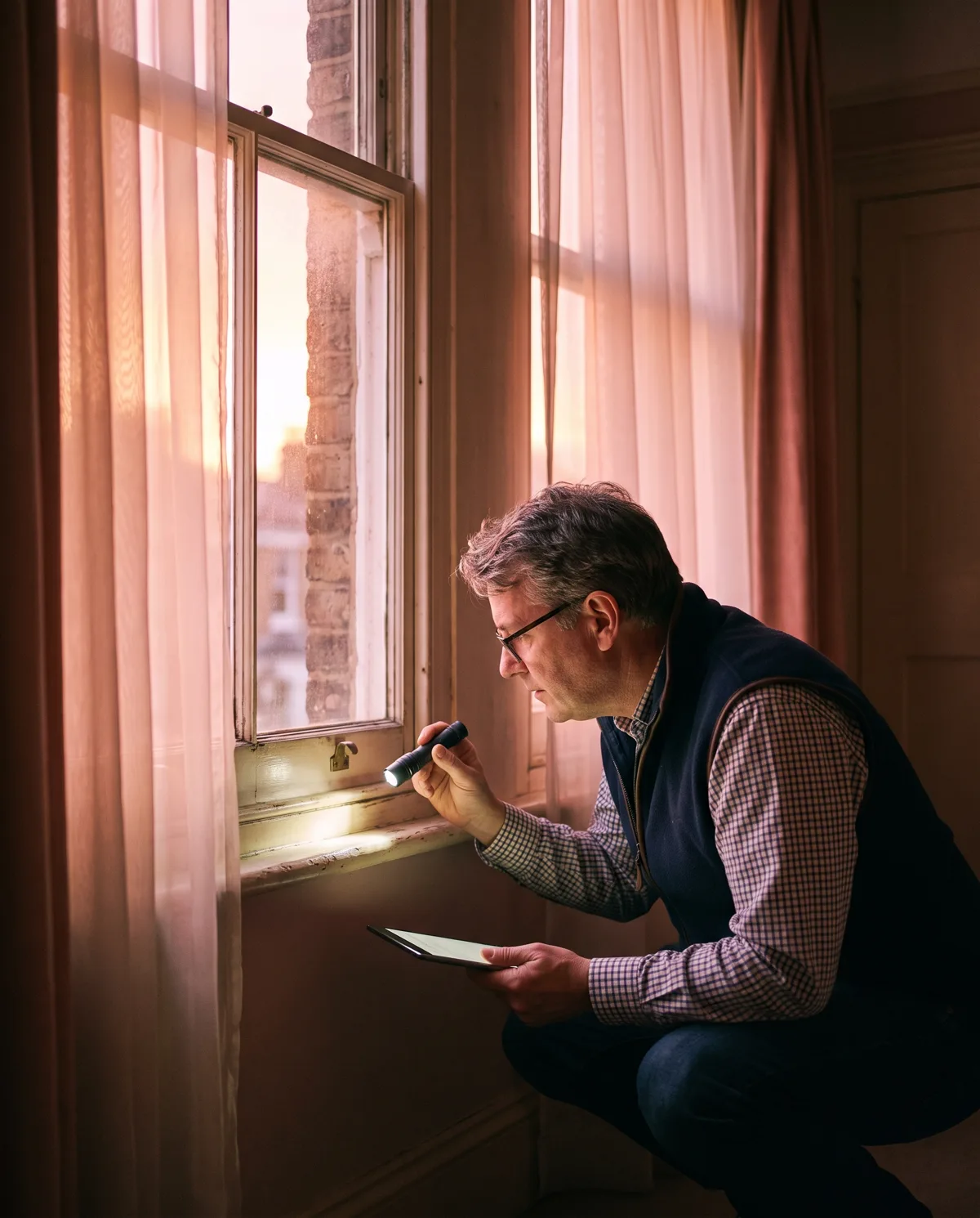A chartered surveyor crouched at a sash window at dawn, torch along the sill, tablet in hand