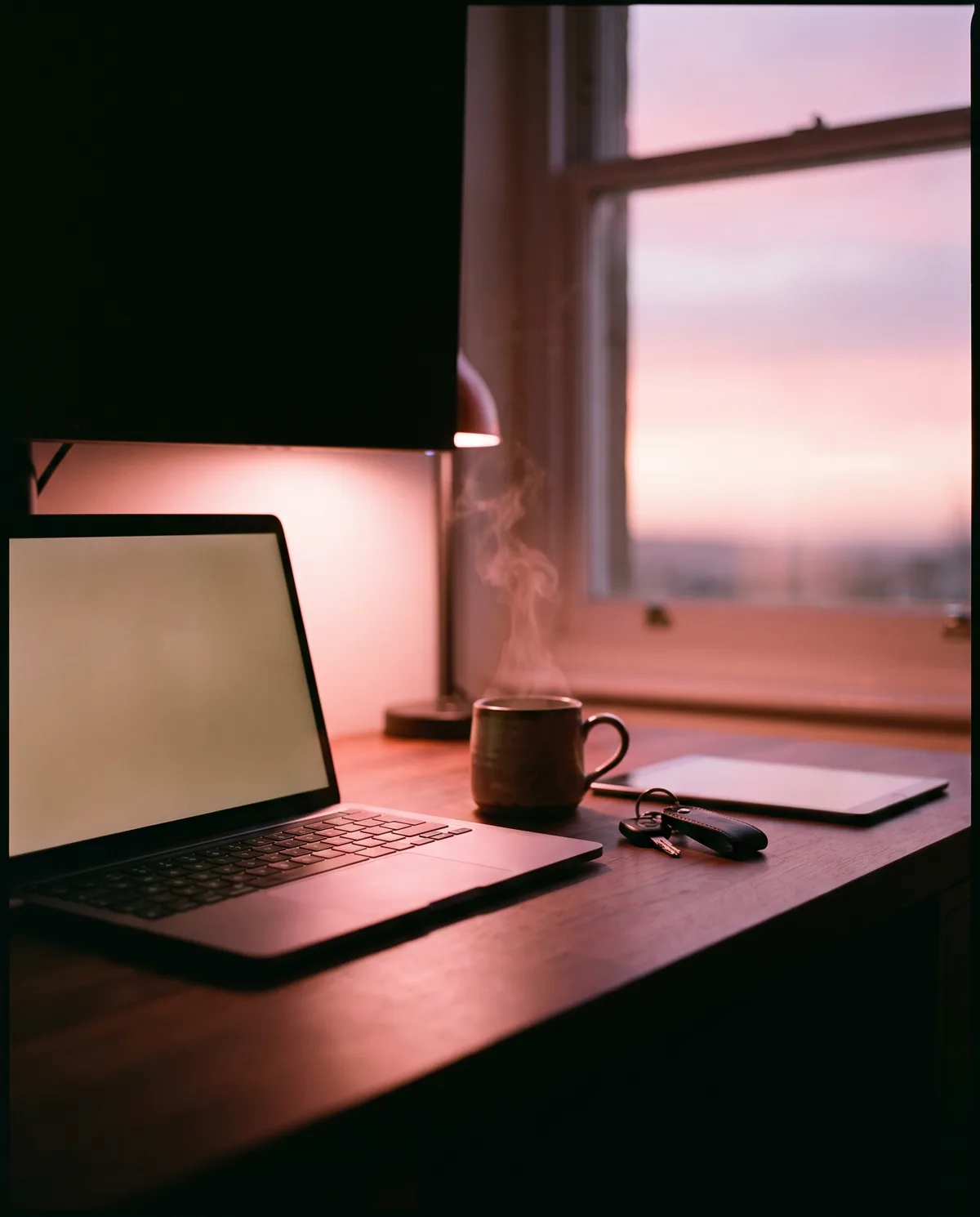 A surveyor's desk at dawn — laptop glowing beside a steaming mug, car keys and a tablet in warm pink lamplight