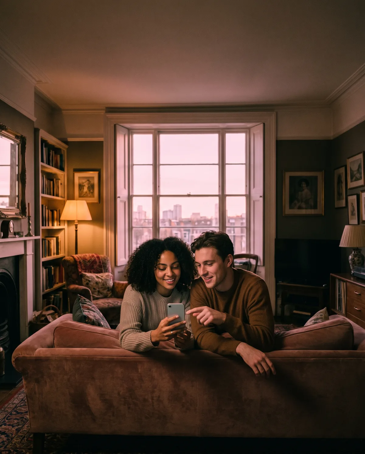 A couple on their sofa at golden hour choosing a surveyor together on a phone
