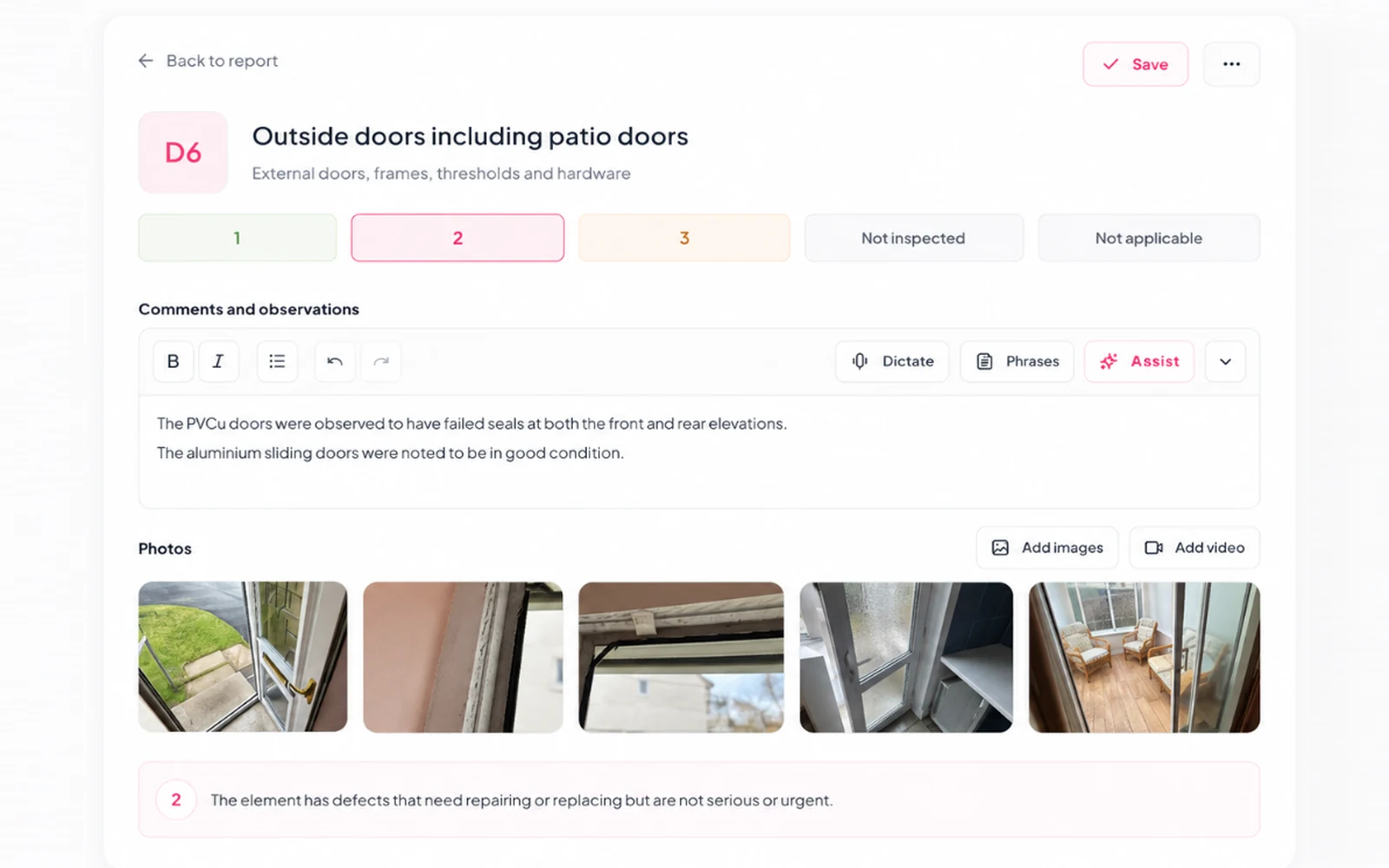 RICS Level 2 editor: D6 Outside doors with a condition rating, comments and element photos