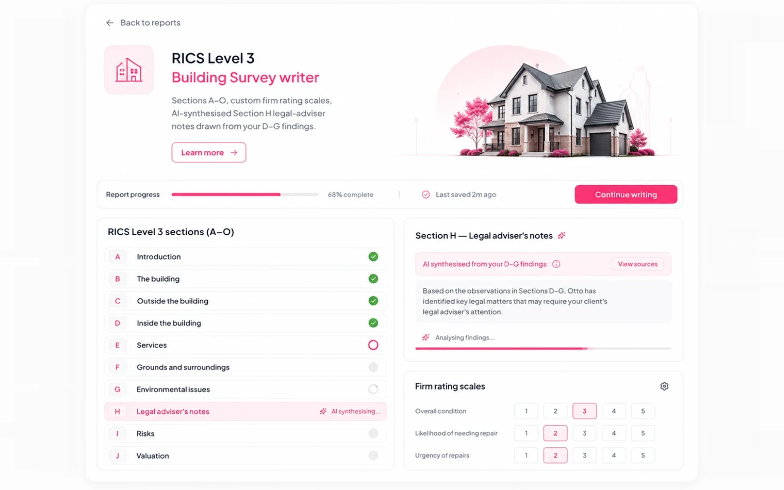 RICS Level 3 Building Survey writer: sections A to O with Section H legal adviser notes being synthesised
