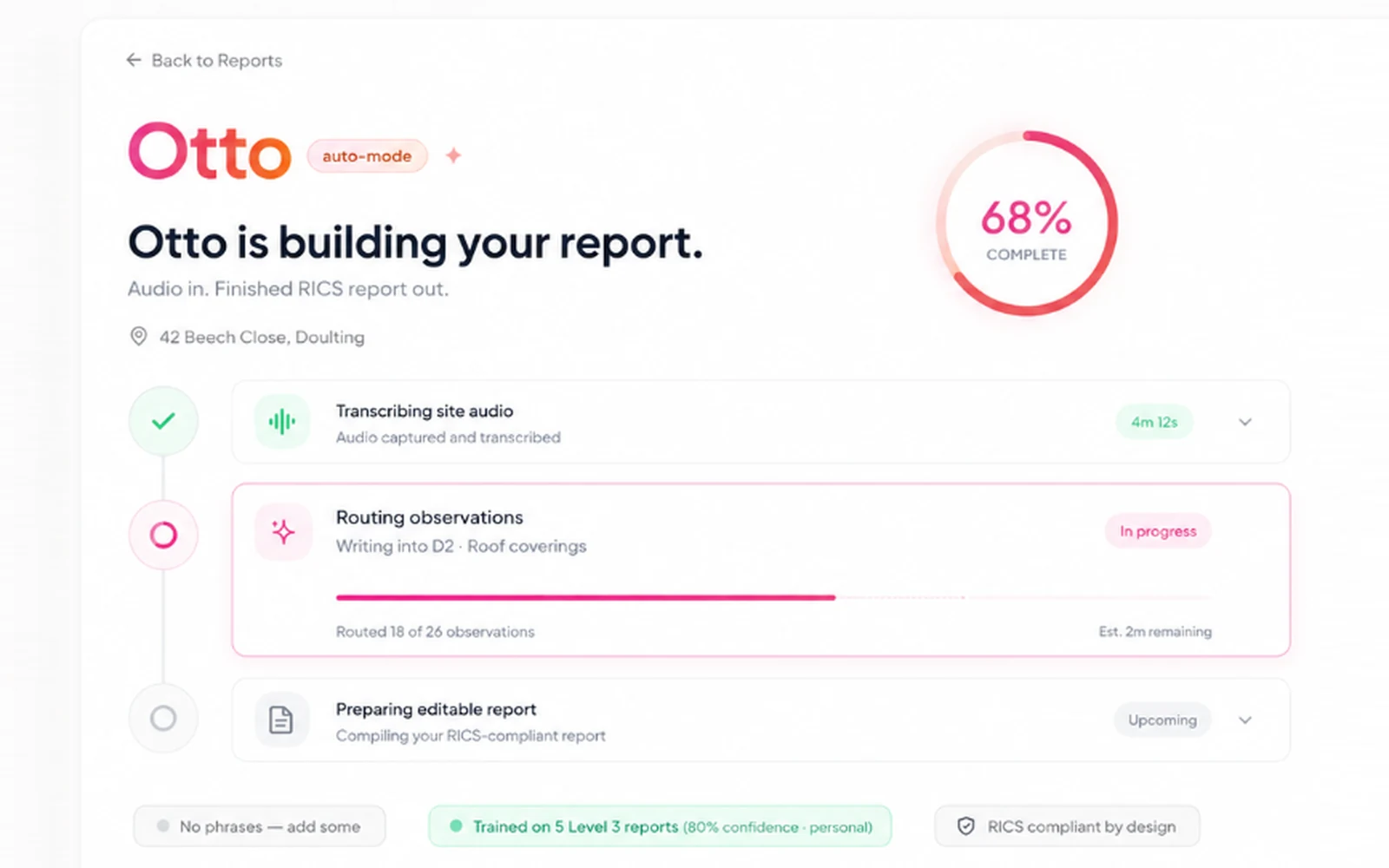Otto building a report: 68% complete, transcription done and observations being routed into D2 Roof coverings