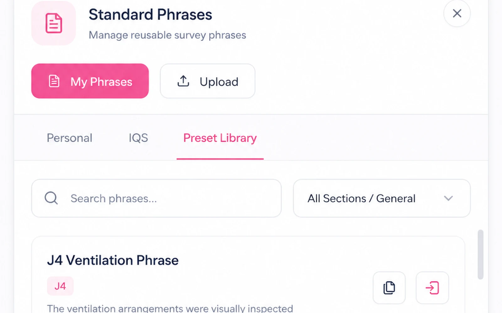 Standard Phrases manager: personal, IQS and preset phrase libraries with search and section filters