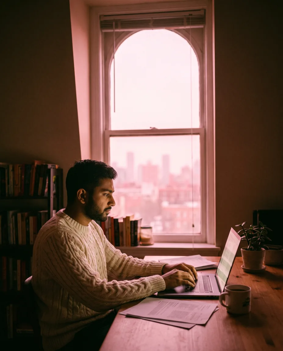 A surveyor writing a report at a desk by an arched window at sunrise, printed notes and coffee beside the laptop