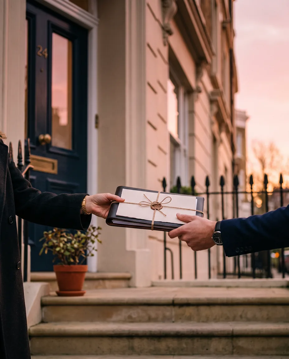A report folder passed between two hands on the steps of a period London front door at dusk
