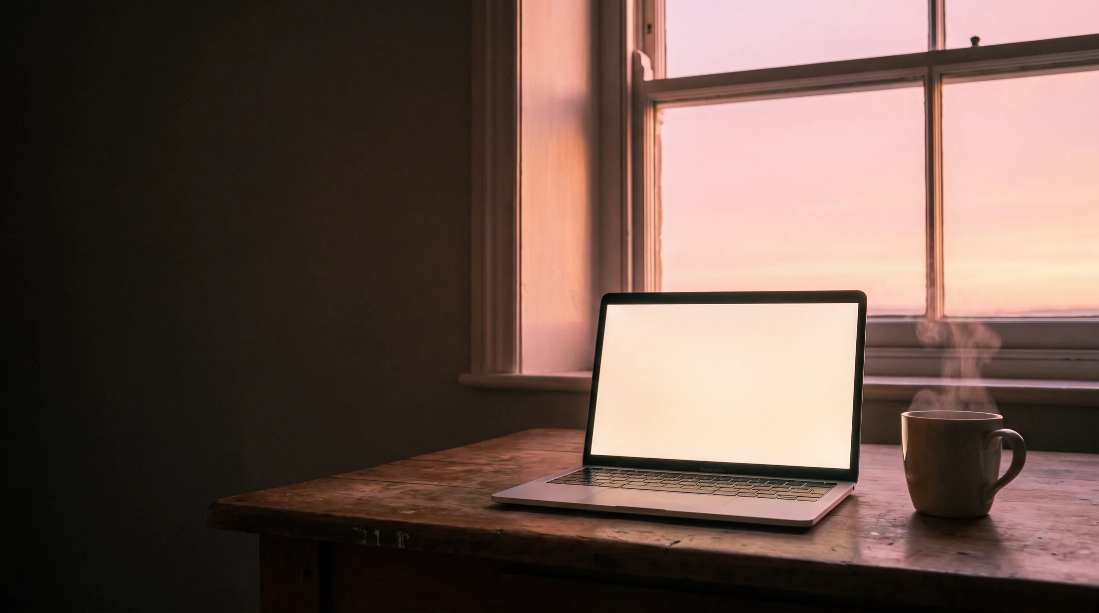 An open laptop glowing softly on a worn oak kitchen table at dawn, tea steaming beside it, a pink sunrise through the sash window behind