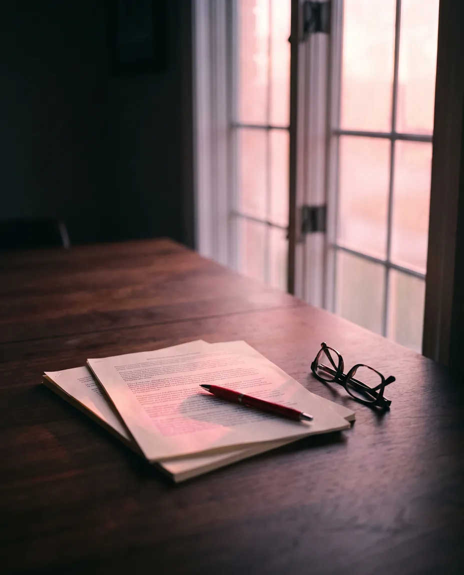A printed report, red pen and reading glasses on a dark walnut table in soft pink dawn light — the old way of marking up a draft