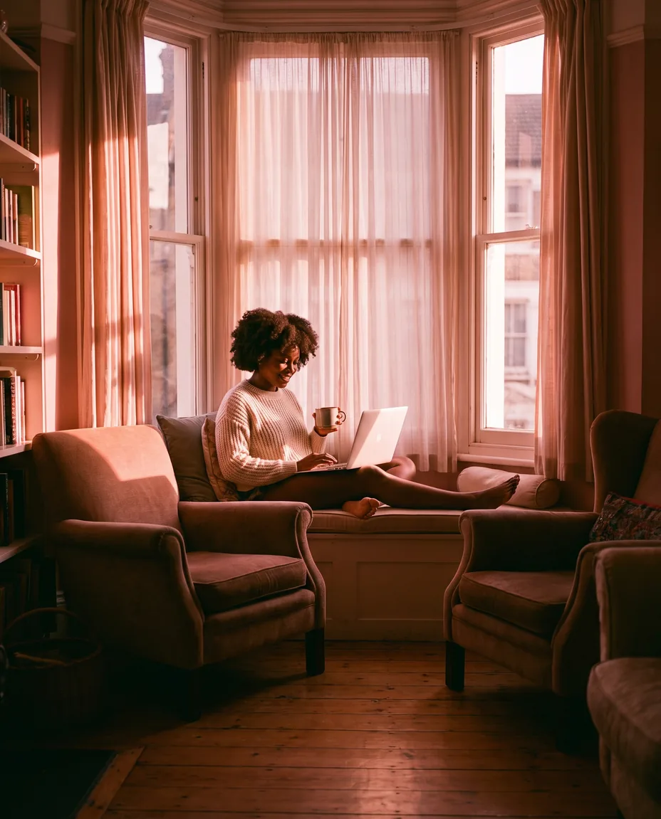A surveyor reviews her Level 2 report on a laptop from a bay-window seat at sunrise, tea in hand