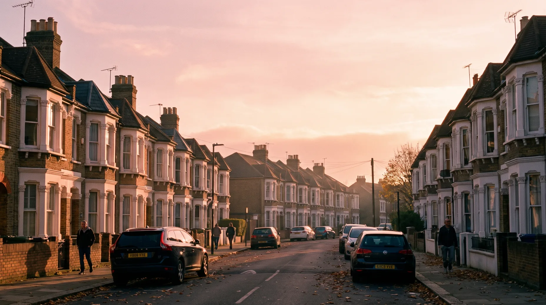 A long row of Victorian bay-fronted brick terraces with tall chimney stacks under a pink sunset sky