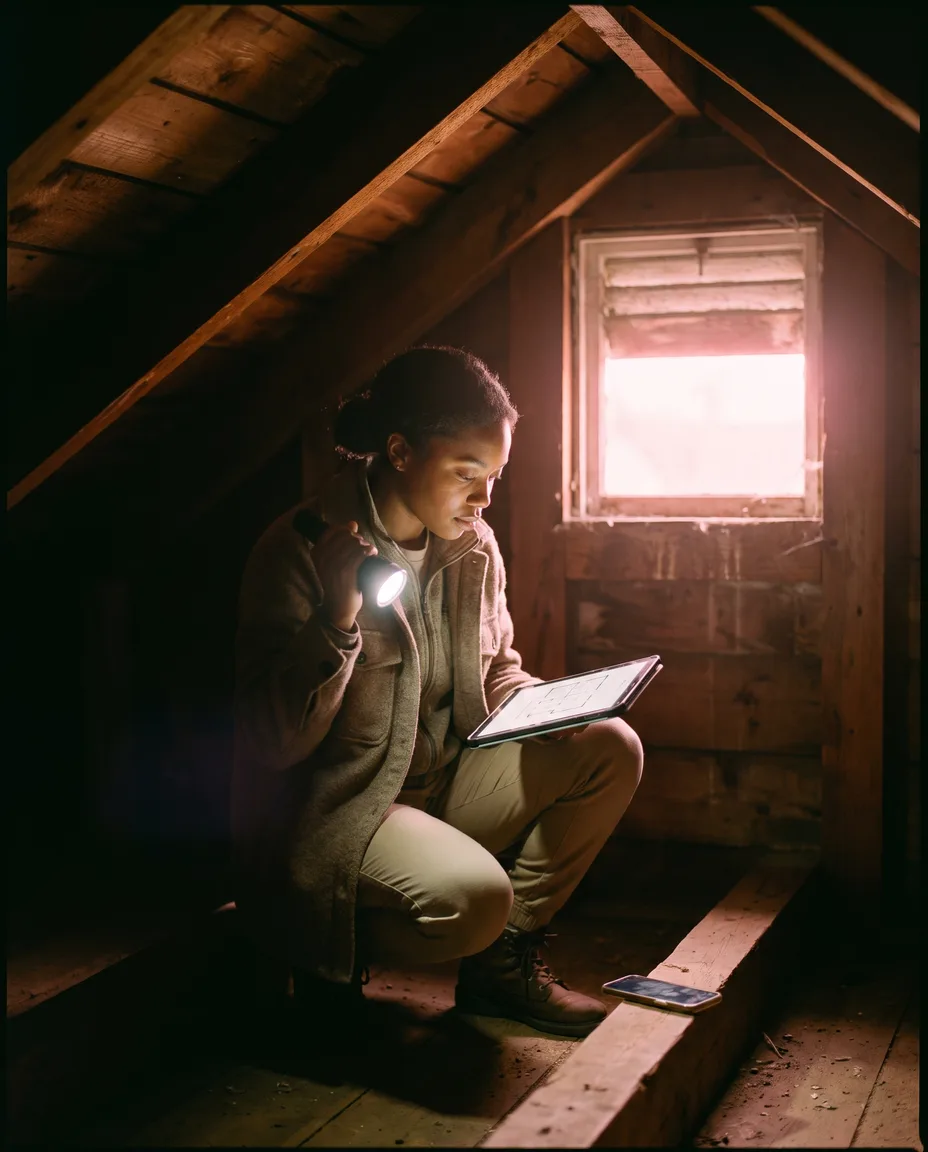 A surveyor crouched beneath old timber rafters in a dim roof space, torch in one hand and tablet in the other, pink dawn light through the gable window