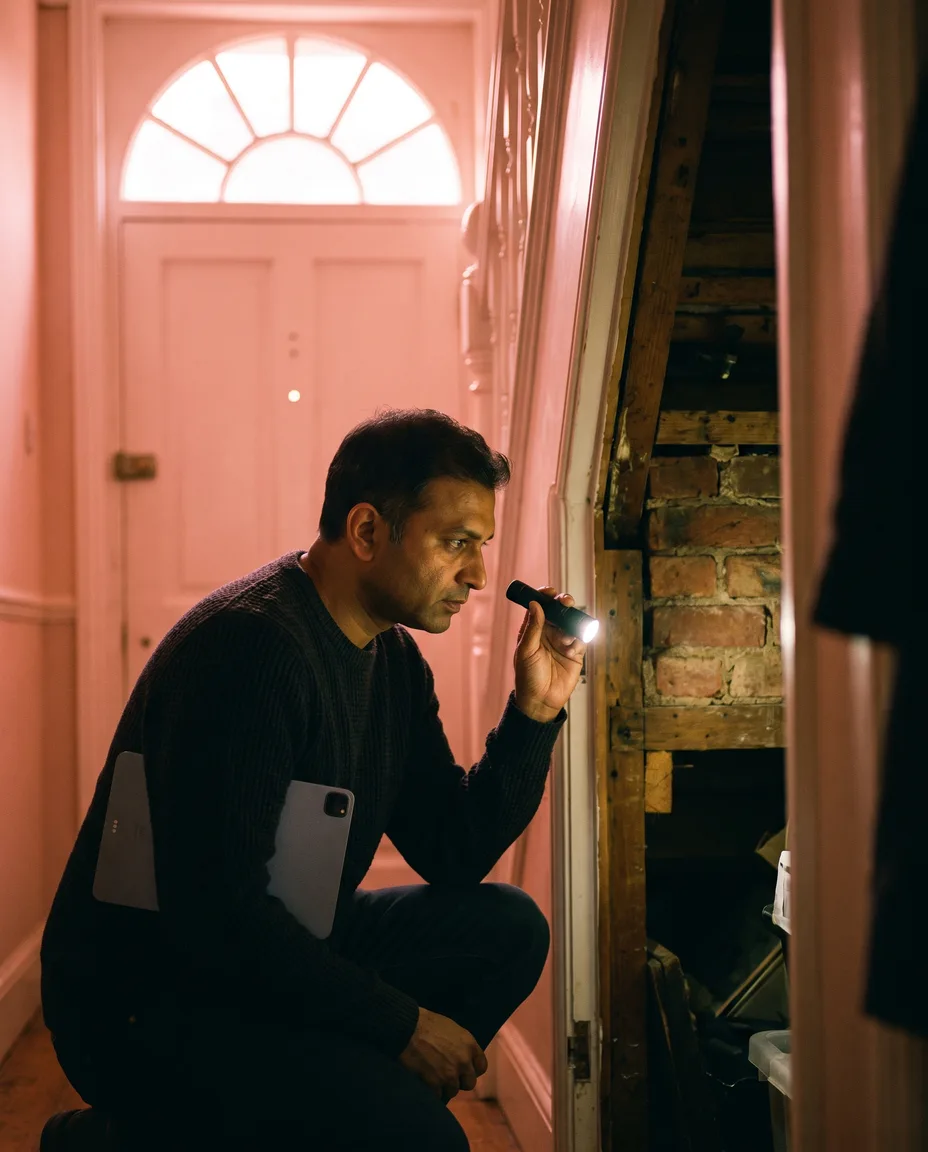 A surveyor crouched at an under-stairs void in a period hallway, shining a torch into the dark opening