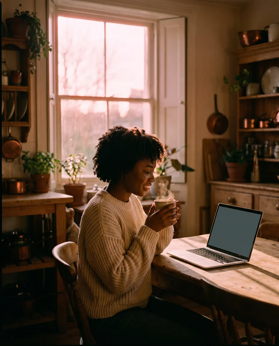A surveyor at her kitchen table at sunrise, tea in hand, reading the firm inbox on a laptop in soft pink morning light