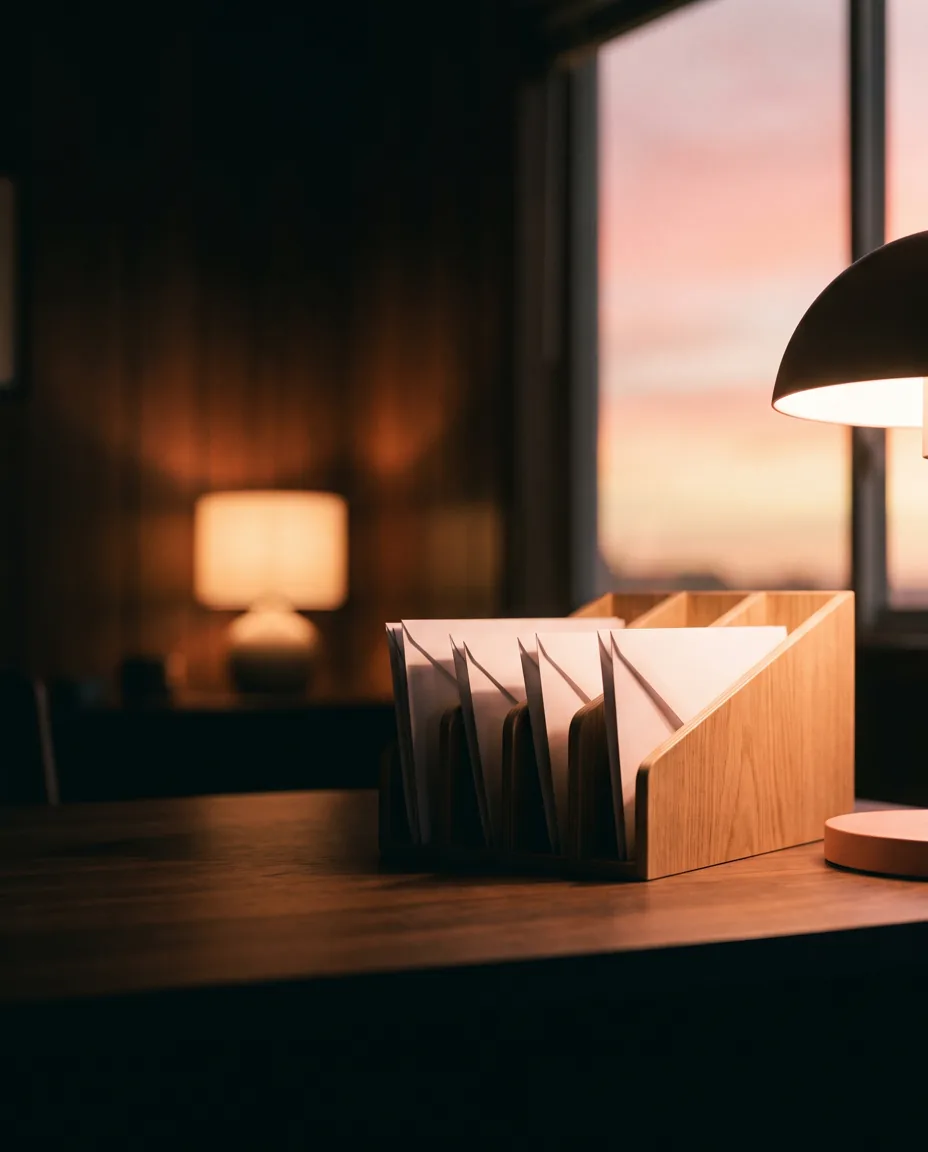 A modern oak pigeonhole organiser holding neatly sorted envelopes on a walnut desk, warm lamplight and a pink sunset through the window behind