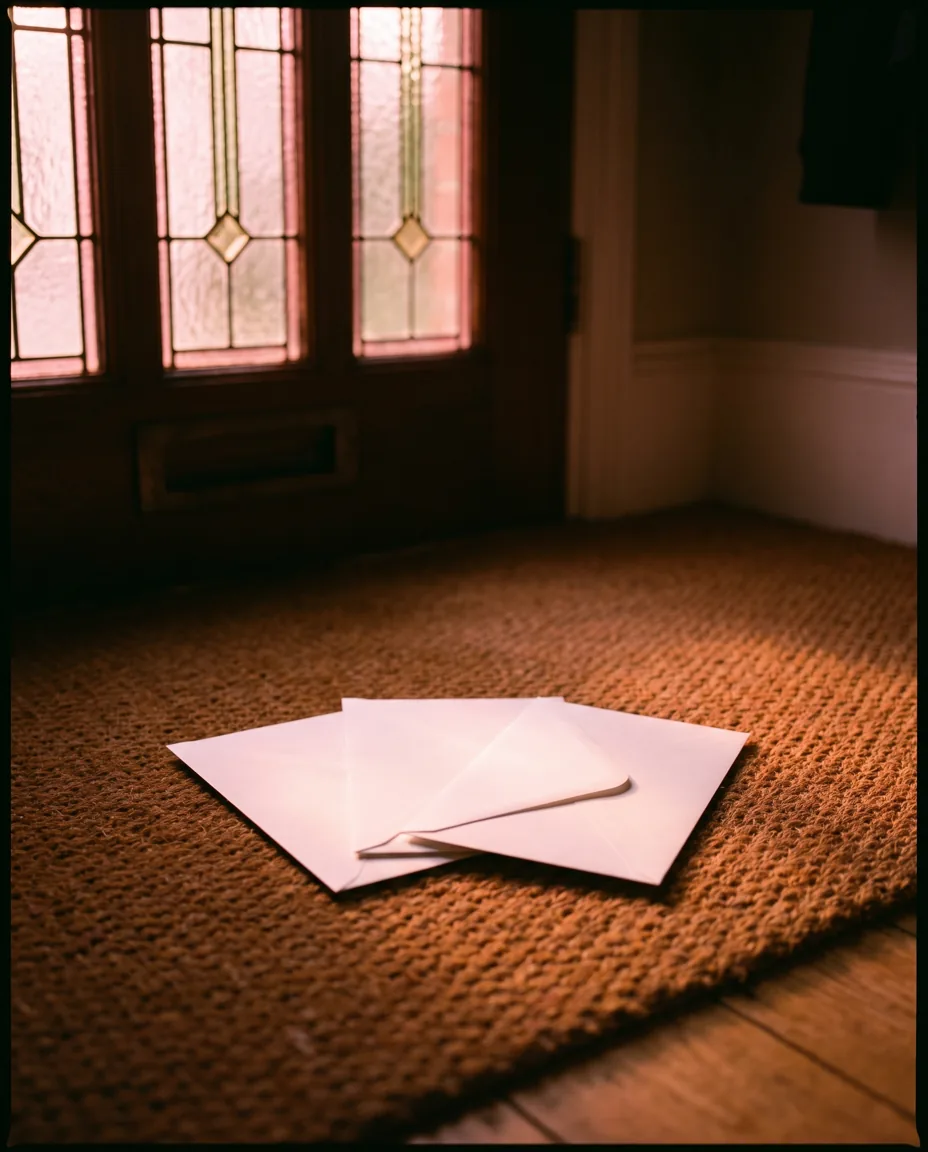 Crisp envelopes on a coir doormat inside a period hallway, pink dawn light falling across them through the stained-glass front door