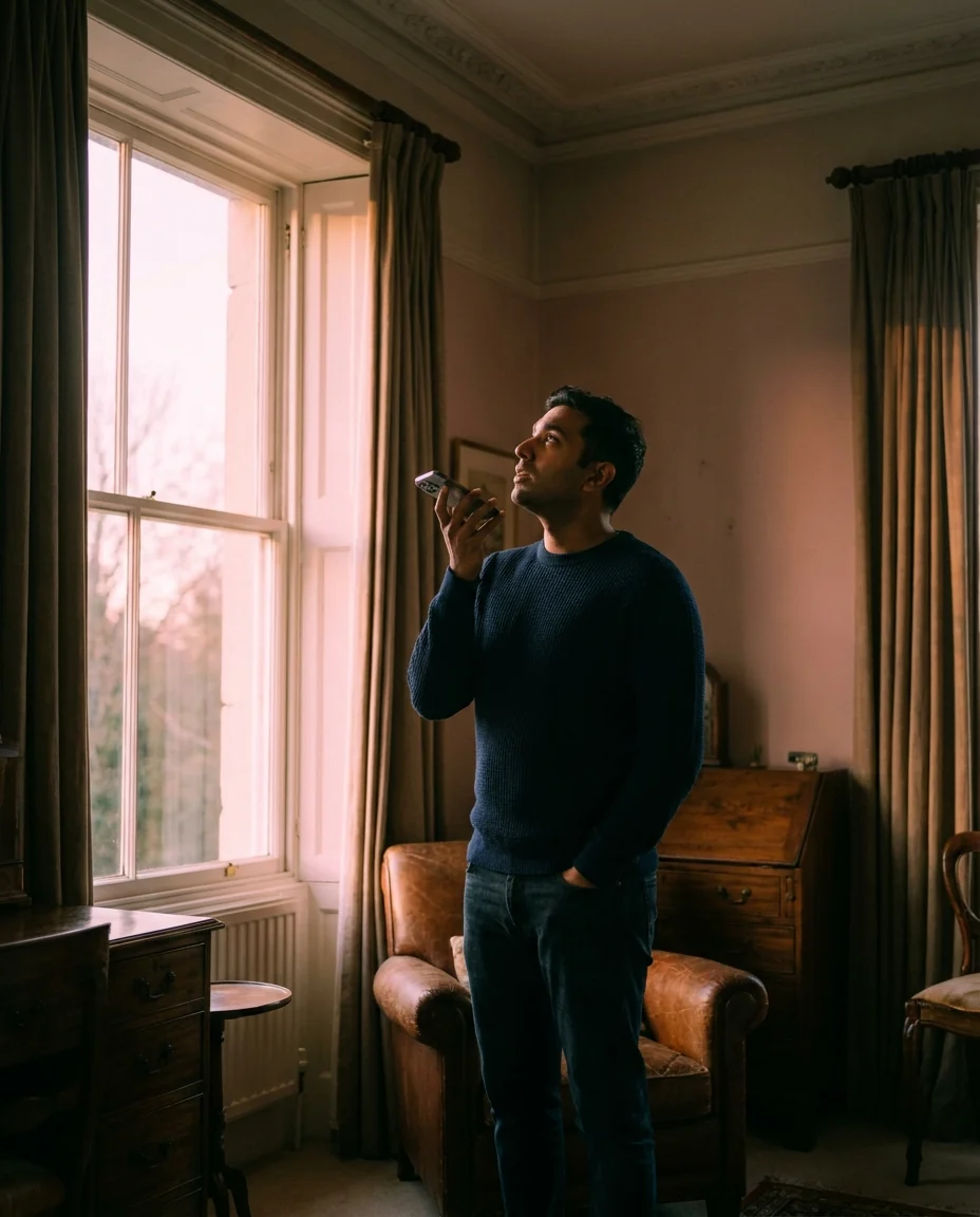 A surveyor mid-inspection in a sunlit period bedroom, speaking into his phone while looking up at a ceiling corner