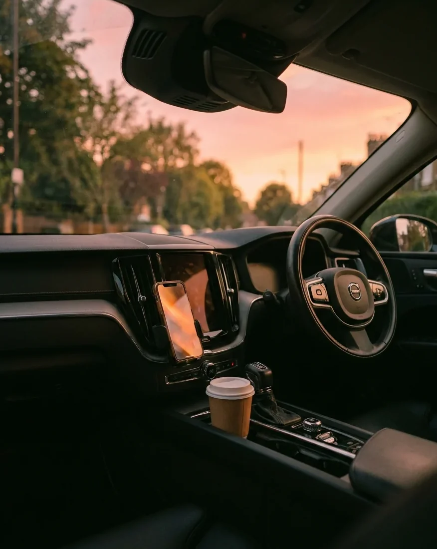 A phone in a dashboard cradle glowing softly while parked on a leafy street, coffee in the cupholder