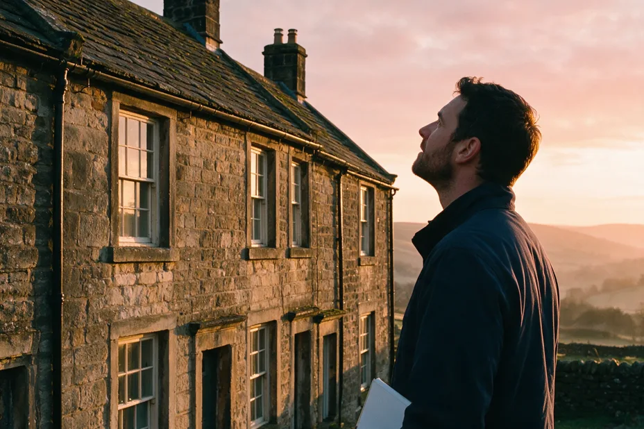 A building surveyor looks up at the roofline of a weathered stone terrace in low warm light