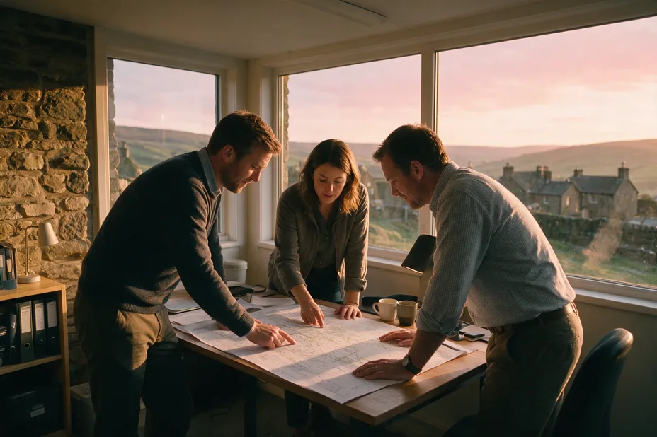 Three surveyors gather around a desk reviewing a printed report together in warm evening light