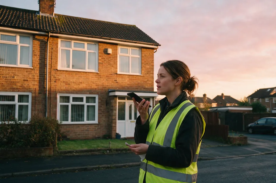 A residential surveyor dictates into her phone outside a 1960s brick semi-detached house at sunrise