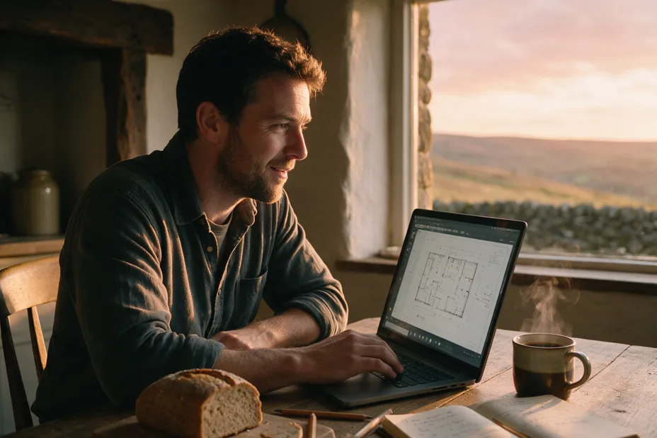 A sole-trader surveyor works at a kitchen table, laptop showing a floorplan, tea steaming beside it