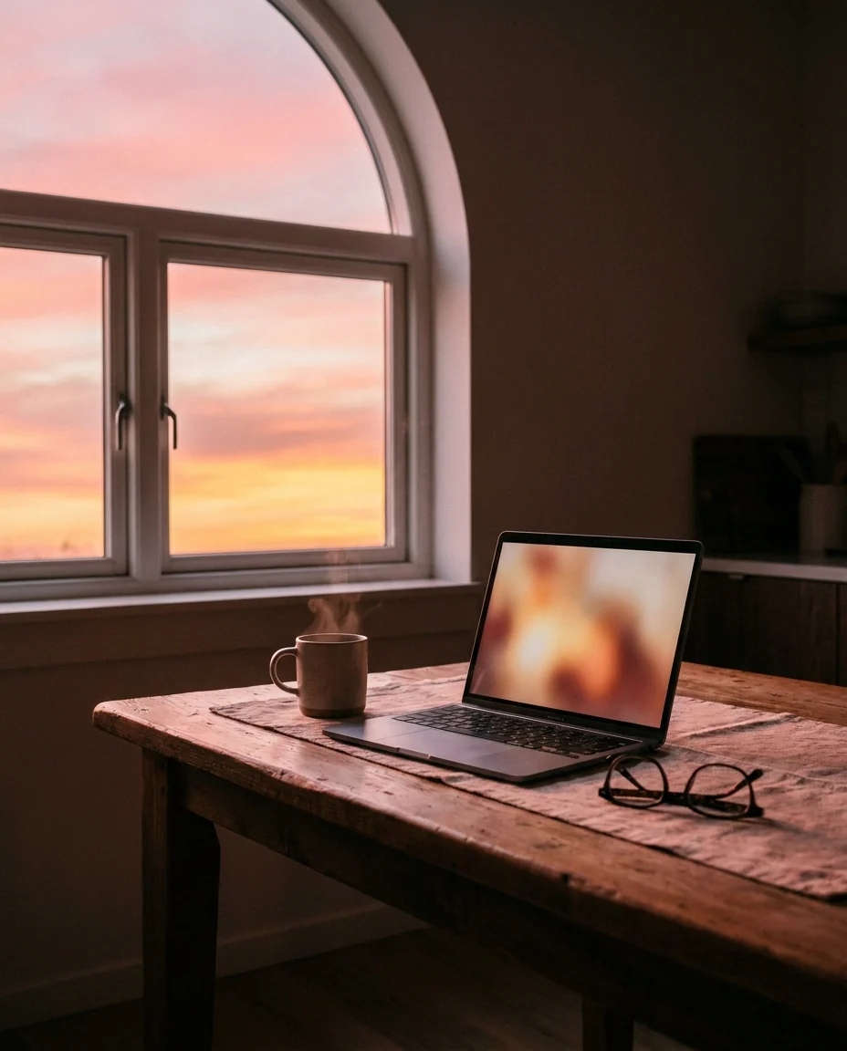 A steaming mug of tea beside an open laptop on a kitchen table in late-afternoon light