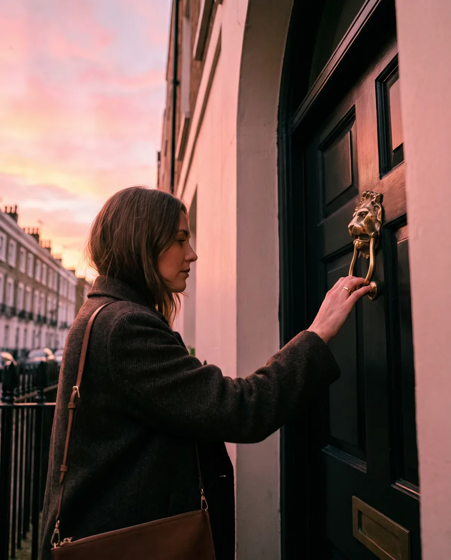 A surveyor lifts the brass lion knocker of a dark period front door at sunset, a pink sky over the terrace behind her