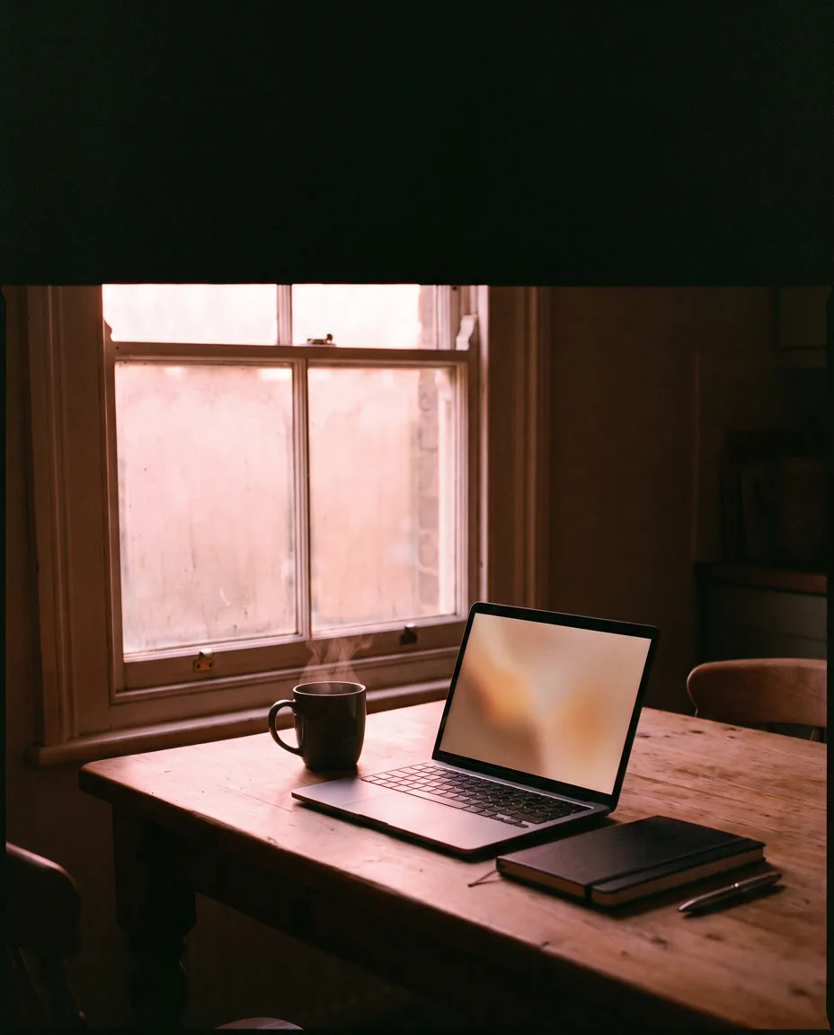 An open laptop and a steaming mug on a kitchen table at dawn, soft pink light through the sash window