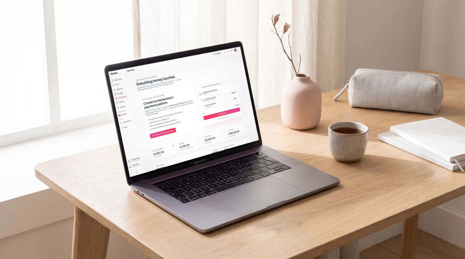 The real payments overview in the surveyor dashboard — Stripe Connect panel with a branded checkout preview and available, pending, monthly and lifetime totals